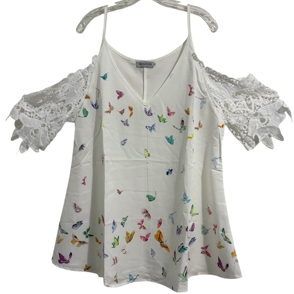 NIP White Butterfly Cold Shoulder Top